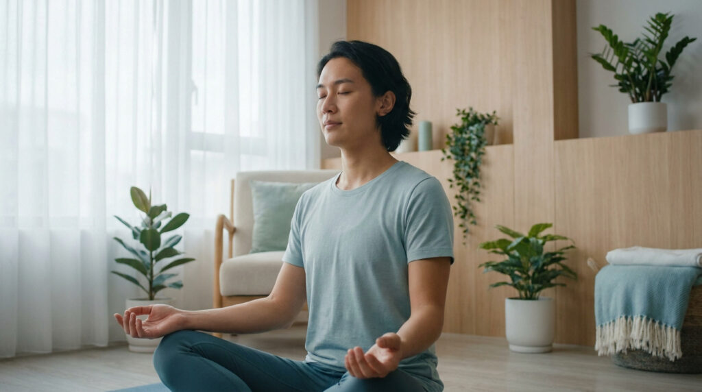 Un homme asiatique serein médite en position du lotus dans un salon lumineux et apaisant rempli de plantes.