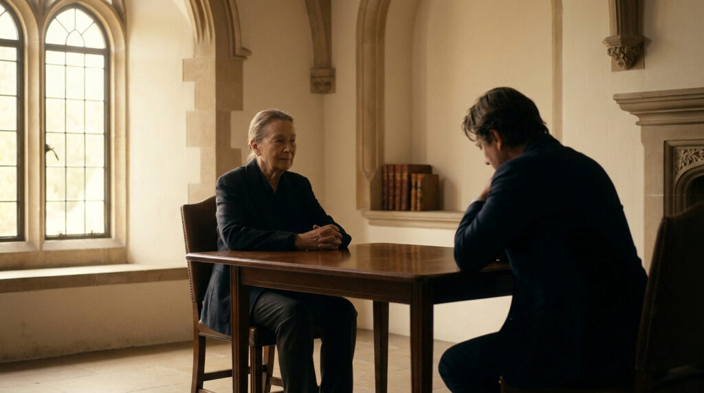 Une femme âgée et un homme assis à une table dans une pièce de style ancien, en pleine discussion sérieuse.