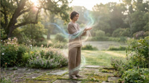 Une femme méditant dans un jardin avec des flux d'énergie lumineuse émanant de ses mains.