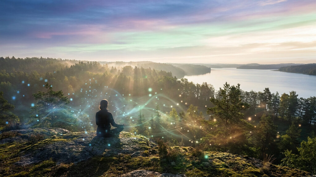 Une personne méditant sur un rocher face à un paysage naturel avec des ondes énergétiques lumineuses et mystiques.