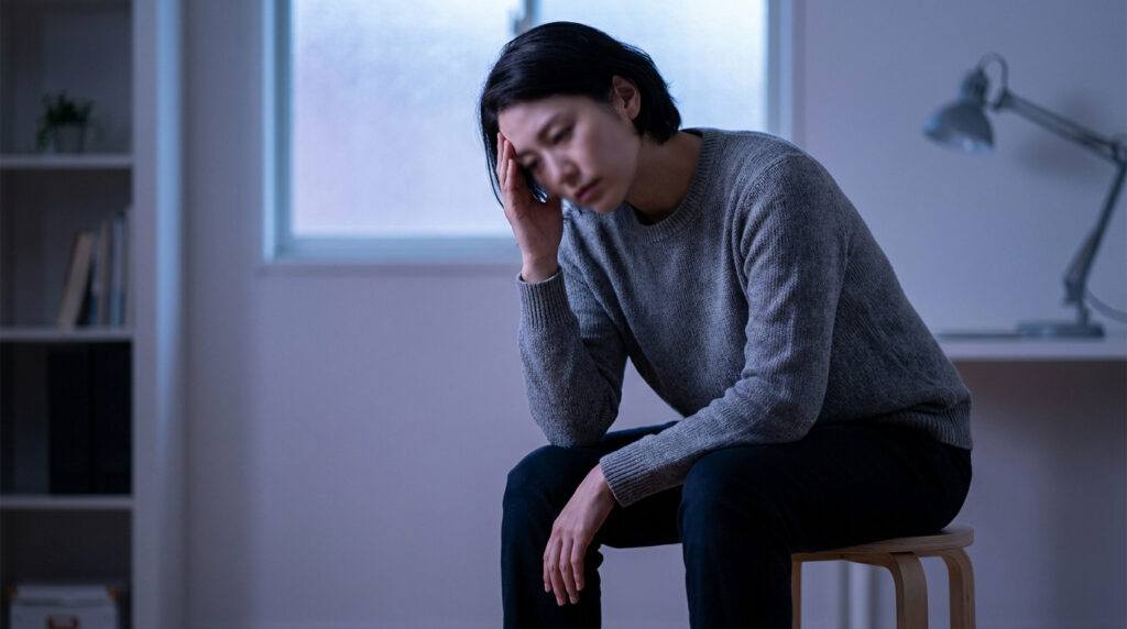 Une femme assise seule dans une pièce sombre, la main sur le front, semblant souffrir de confusion ou de stress.
