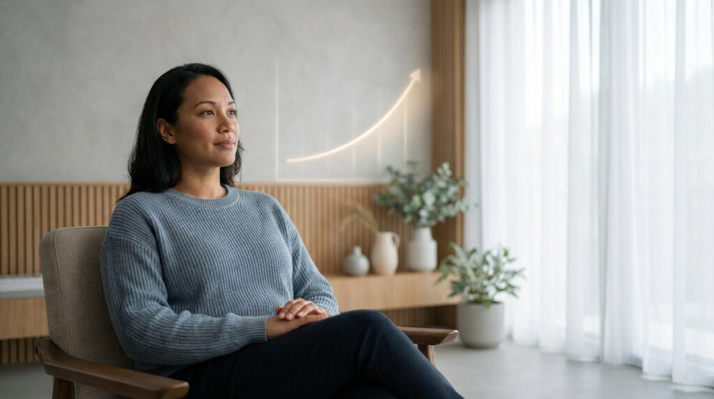 Une femme assise dans un fauteuil regardant une courbe de croissance illustrant les économies réalisées.