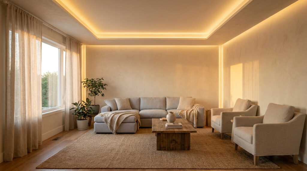 Un salon chaleureux et minimaliste aux tons beiges avec un éclairage indirect apaisant et des plantes vertes.