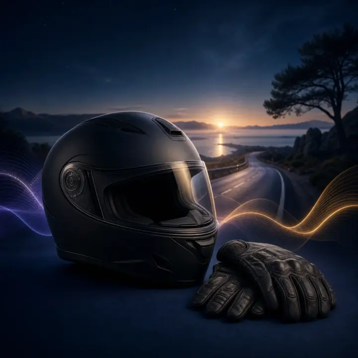 Casque de moto face à une route lumineuse pour le MP3 hypnose permis moto