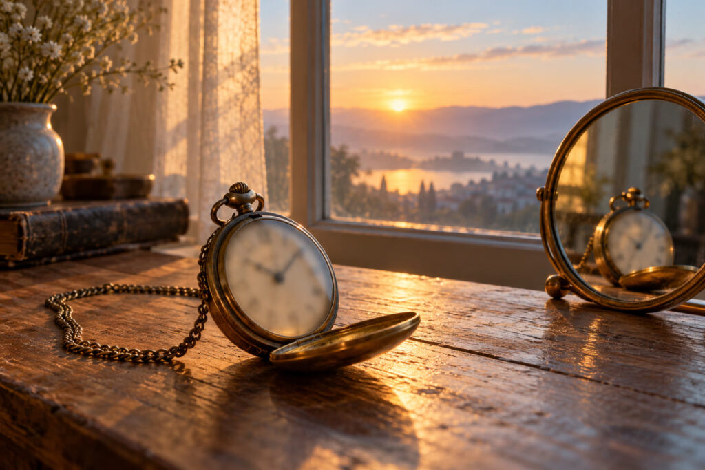 Montre à gousset ancienne et son reflet dans un petit miroir rond, au lever du soleil